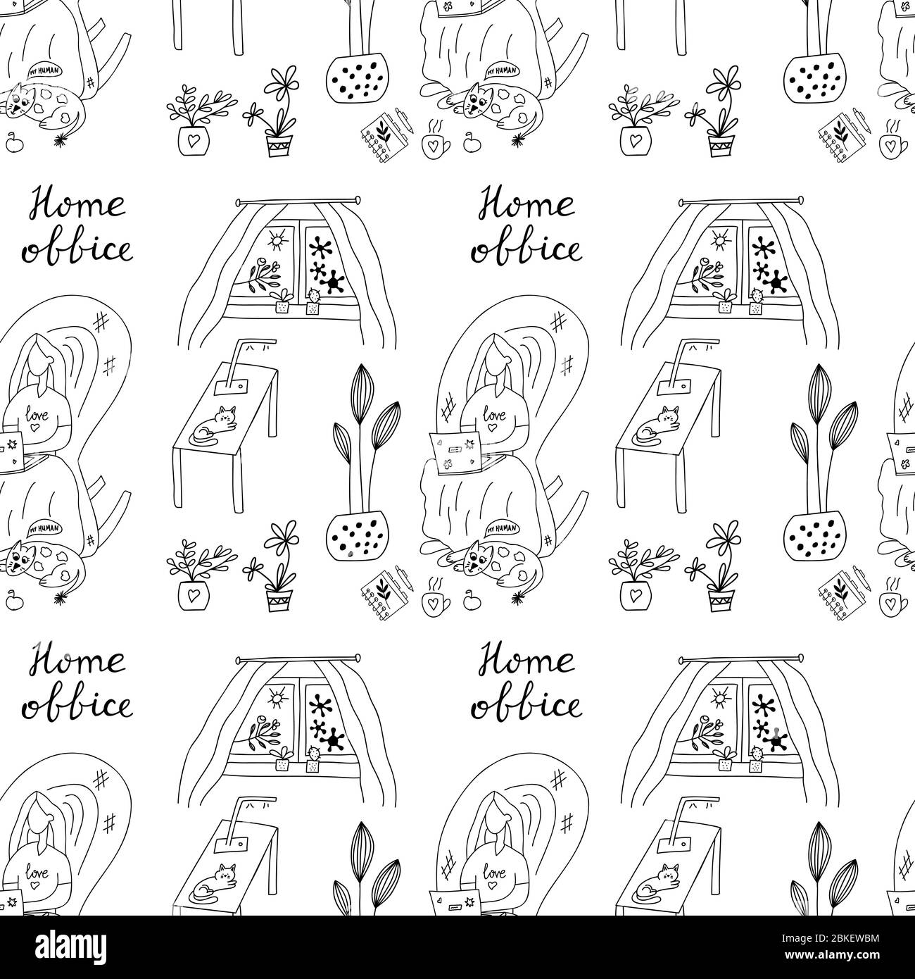 Motif transparent sur le thème de l'isolation. Lettrage au bureau à domicile. Fille assise dans un fauteuil qui travaille sur un ordinateur portable. Chat gras se trouve à ses pieds. Dans la fenêtre Illustration de Vecteur