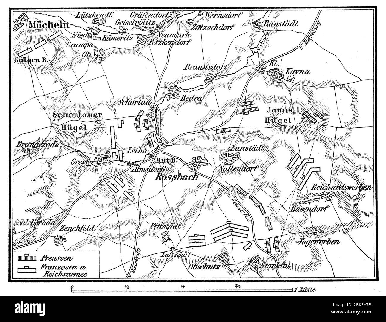 Plan de la bataille de Rossbach près de Reichardtswerben dans l'électorat de Saxe, Saxe-Anhalt aujourd'hui, 5 novembre 1757, ici le roi de Prusse Frederick le Grand défait [3], l'armée française sous le prince de Soubise (1715 à 1787) / Plan der Schlacht bei Roßbach in der Nähe von Reichardtswerben im Kurfürstendamm Sachsen, heute Sachsen-Anhalt, am 5. Novembre 1757, hier besiegte der preußische König Friedrich der Große[3] die französische Armee unter dem Prinzen von Soubise (1715–1787), Historisch, historique, numérique amélioration de la reproduction d'un original du XIXe siècle / numérisation Repor r Banque D'Images