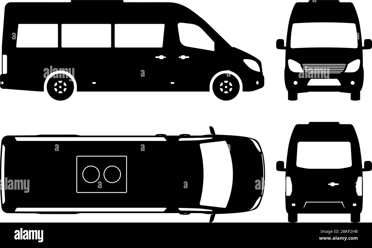 Silhouette de minibus ou de camionnette de passagers sur fond blanc. Les icônes du véhicule définissent la vue du côté, de l'avant, de l'arrière et du haut Illustration de Vecteur