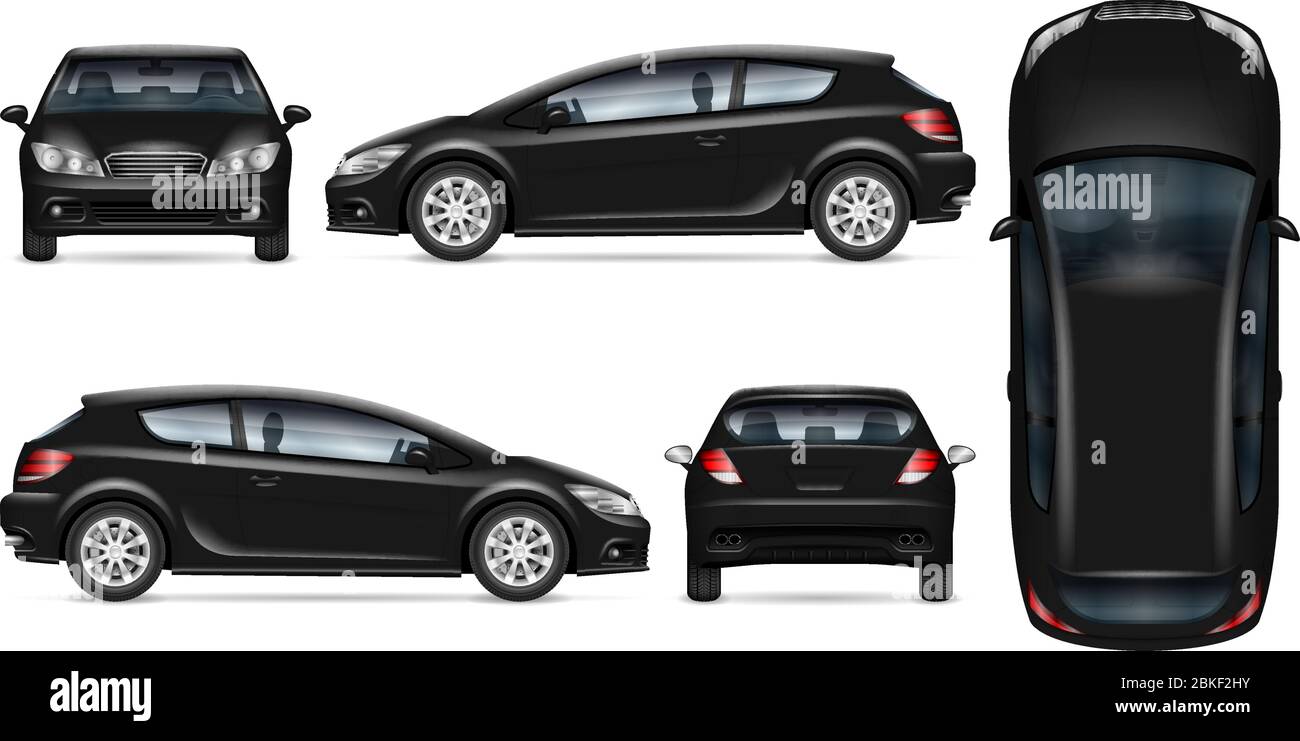Maquette vectorielle noire pour véhicule de berline blanche pour marque de véhicule, identité d'entreprise. Vue latérale, avant, arrière et supérieure. Tous les éléments des groupes Illustration de Vecteur