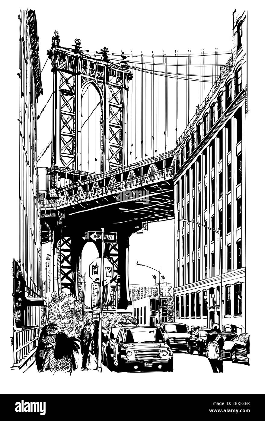 Vue sur le pont de Manhattan depuis brooklyn - illustration vectorielle (idéale pour l'impression sur tissu ou papier, affiche ou papier peint, décoration de maison) Illustration de Vecteur