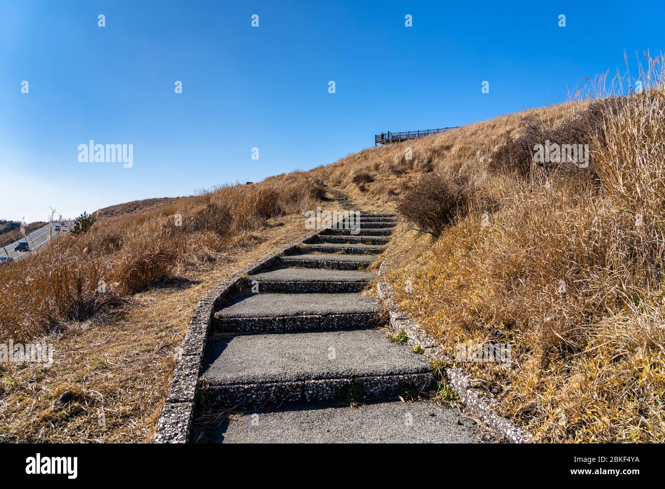 Observation de la prairie de Kusasenri en janvier. Parc national de l'ASO Kuju. Préfecture de Kumamoto, Japon Banque D'Images