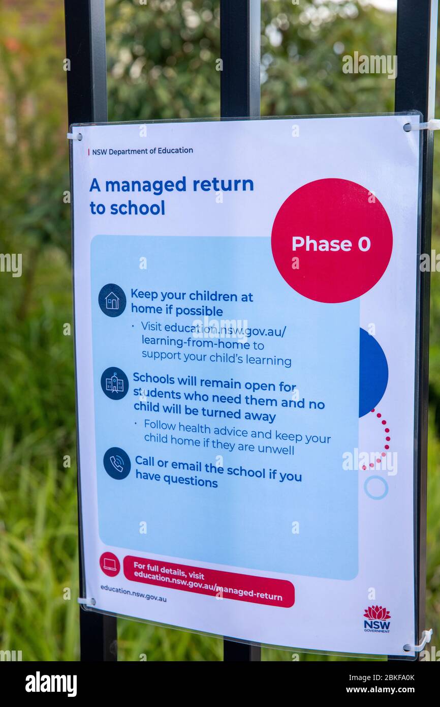 Les écoles de Sydney postent les avis COVID 19 aux portes de l'école concernant le retour progressif à l'école pour les enfants à partir du 11 mai 2020 Banque D'Images