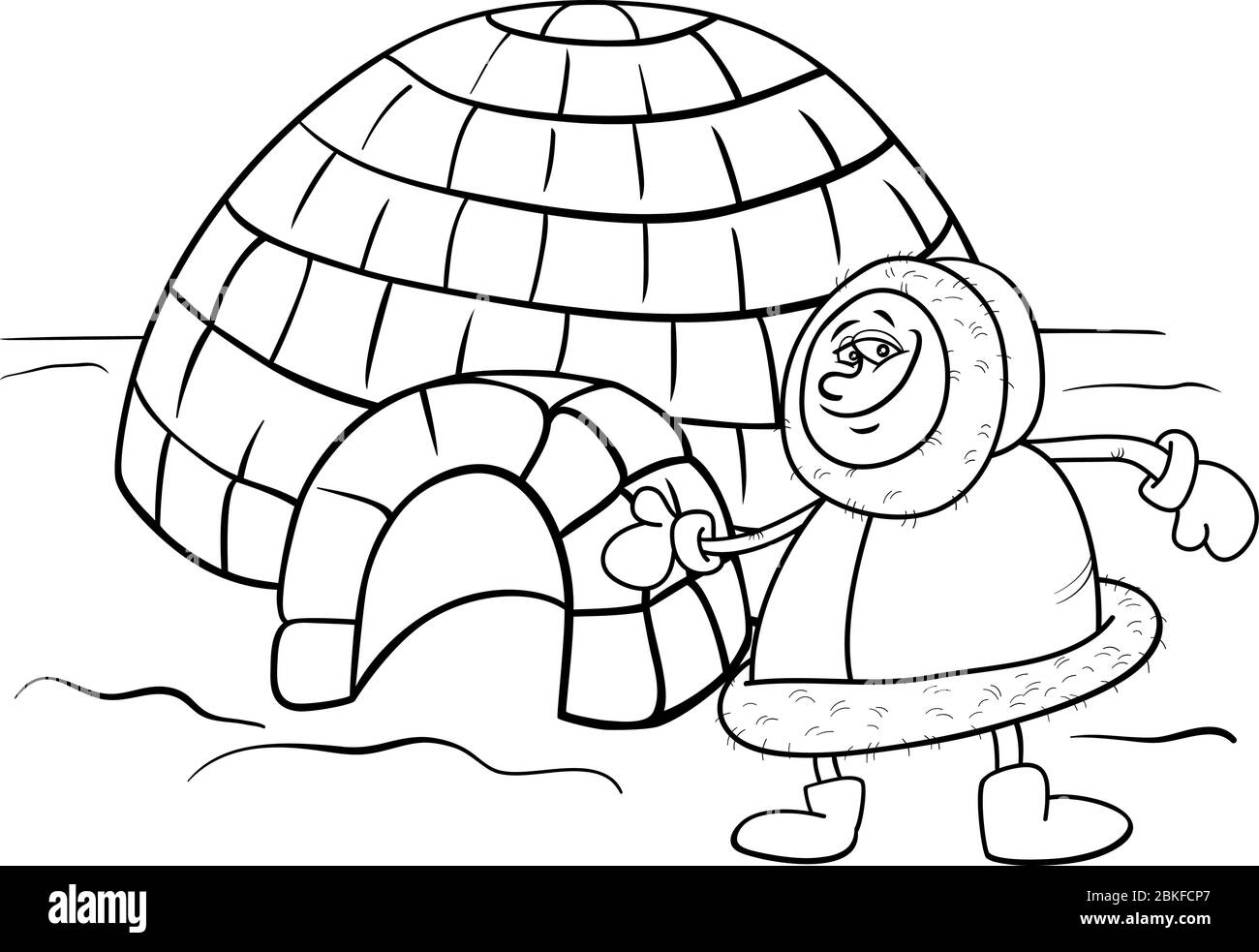 Black and White Cartoon Illustration de drôle Eskimo ou Lapp Man avec sa page de livre de coloring Igloo House Illustration de Vecteur