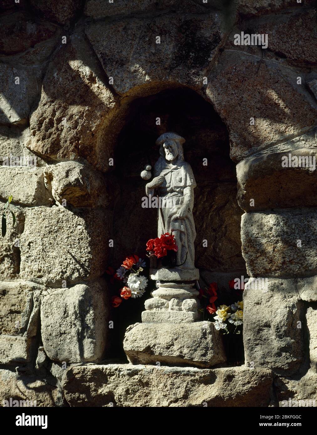 Saint Roch (1348-1376 ou 1379). saint catholique. Niche. Statue du saint représentée comme pèlerin. Église de l'Assomption, XVIe siècle. Torrelodones, Communauté de Madrid, Espagne. Banque D'Images