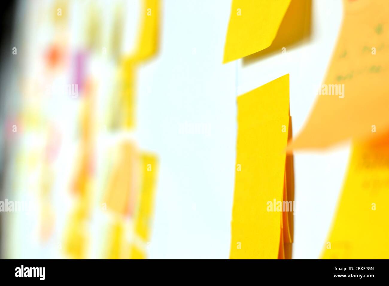 Dans différents types d'entreprise, la méthodologie agile devient populaire. La tâche est écrite sur des autocollants colorés et collée sur le tableau. Banque D'Images