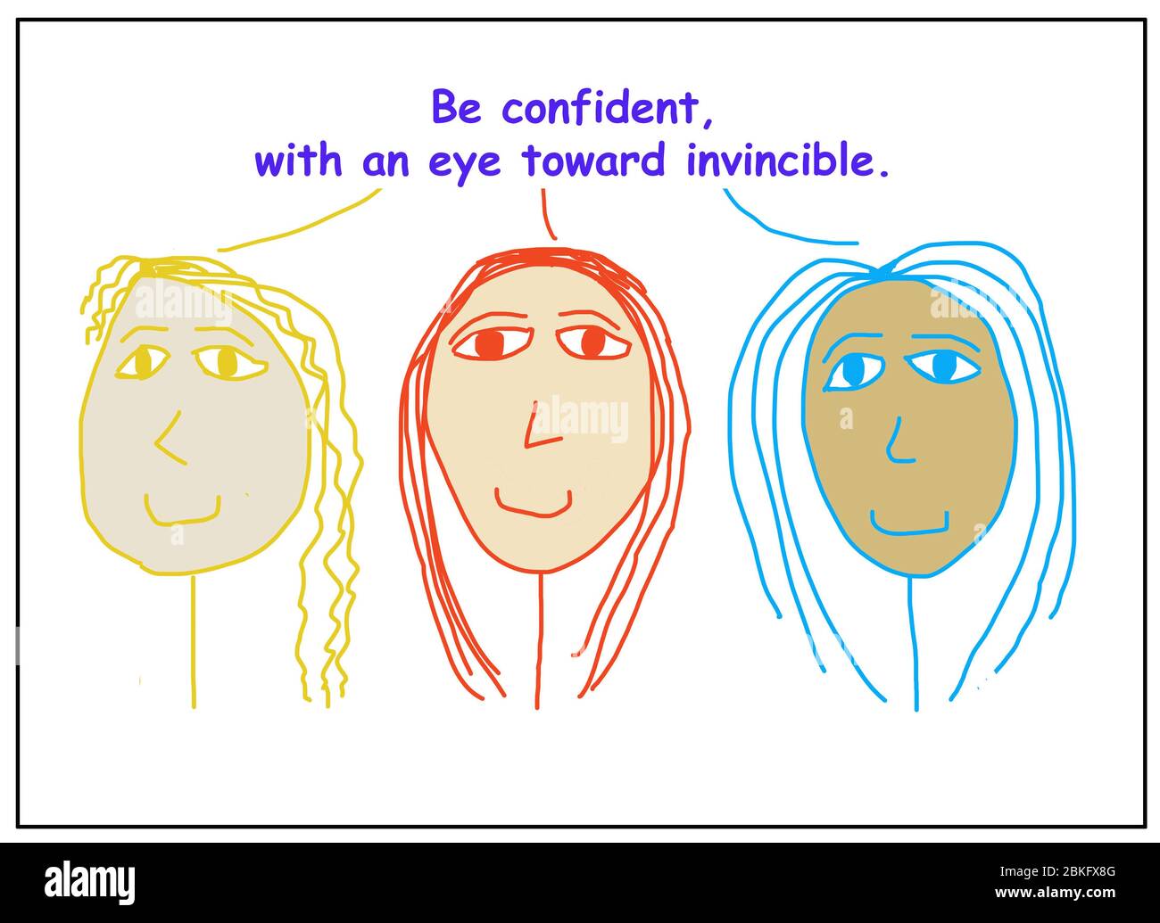 Dessin animé de trois femmes souriantes et ethniquement diverses, affirmant être confiantes, avec un oeil vers invincible. Banque D'Images