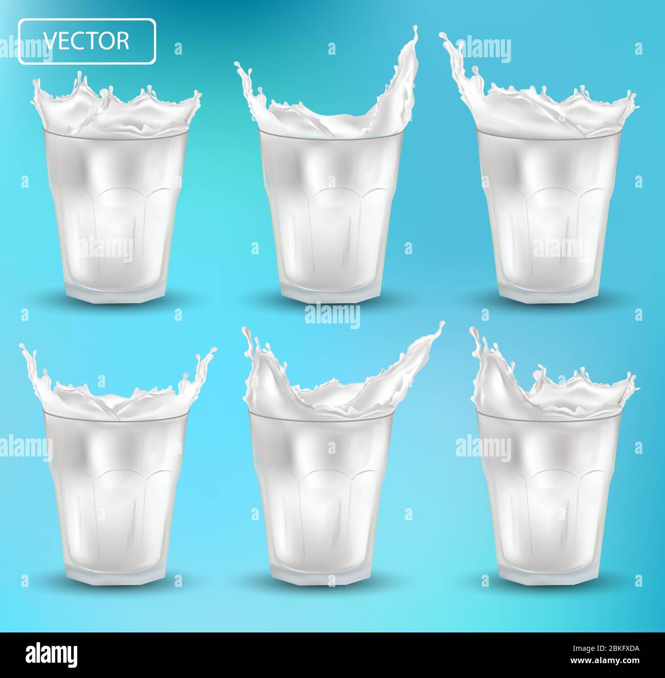 Lait de projection réaliste en relief. Du lait frais éclabousser dans un verre sur le fond bleu. Jeu de lait pour éclaboussures. Lait cocktail. Yaourt, dessert. Illustration vectorielle. Illustration de Vecteur