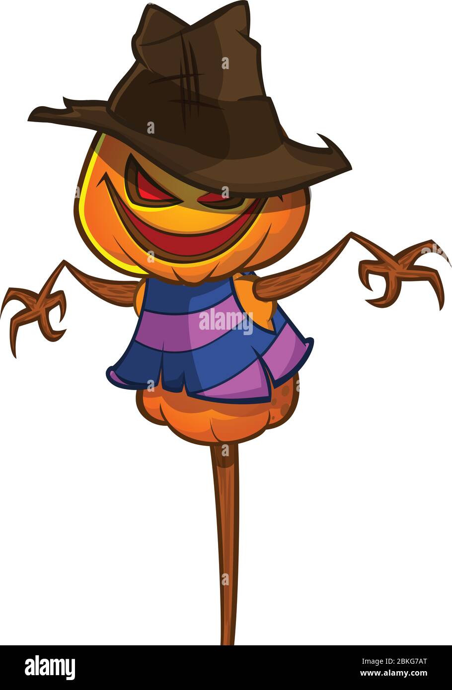 Scarecrow avec la tête de citrouille dans un chapeau de sorcière et chiffons. Tête de citrouille dessinée avec les mains Illustration de Vecteur