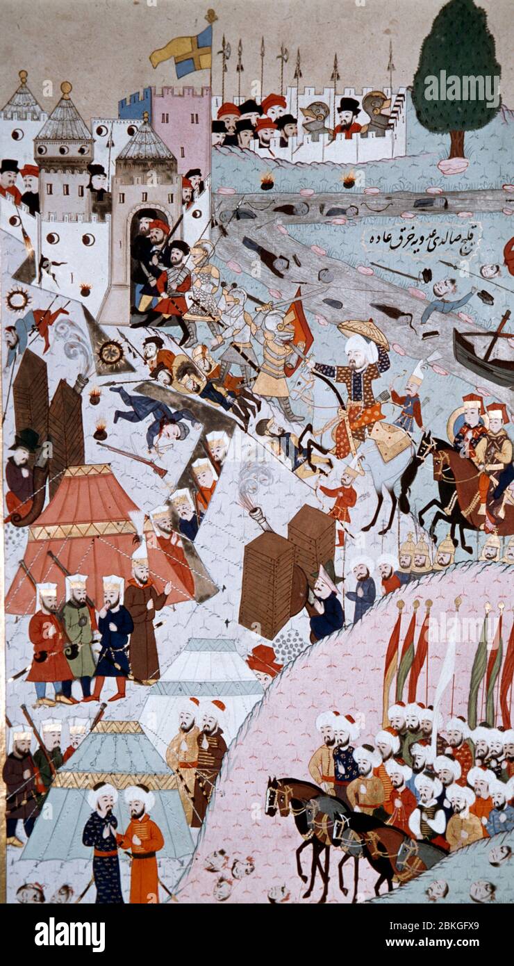 Mehmed II assiégant Belgrade, miniature du XVIe siècle à partir de ms 1523, fol. 165 A, Musée du Palais de Topkapi, Istanbul, Turquie Banque D'Images