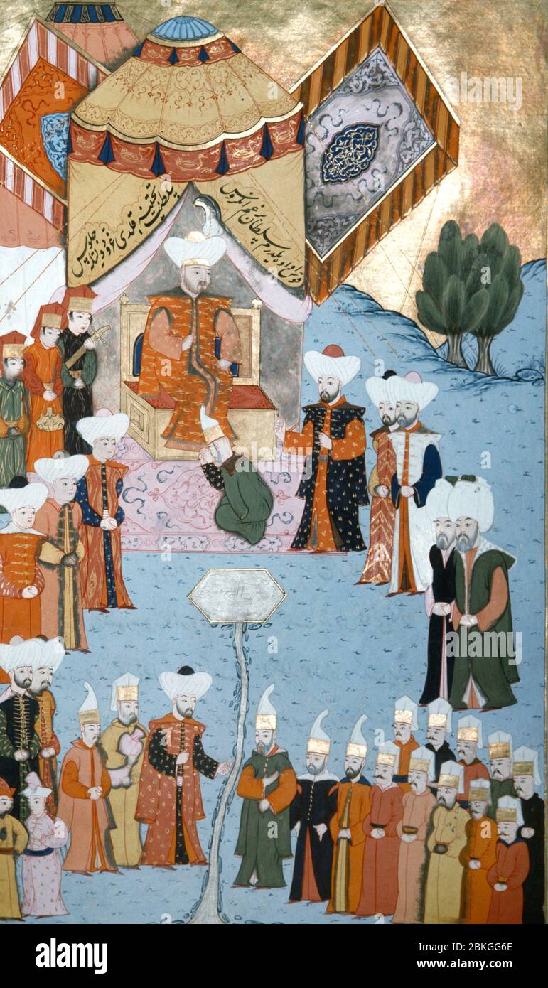 Beyazid Je donne le public, miniature du XVIe siècle de Mme 1523 fol.96 B, Musée du Palais de Topkapi, Istanbul, Turquie Banque D'Images