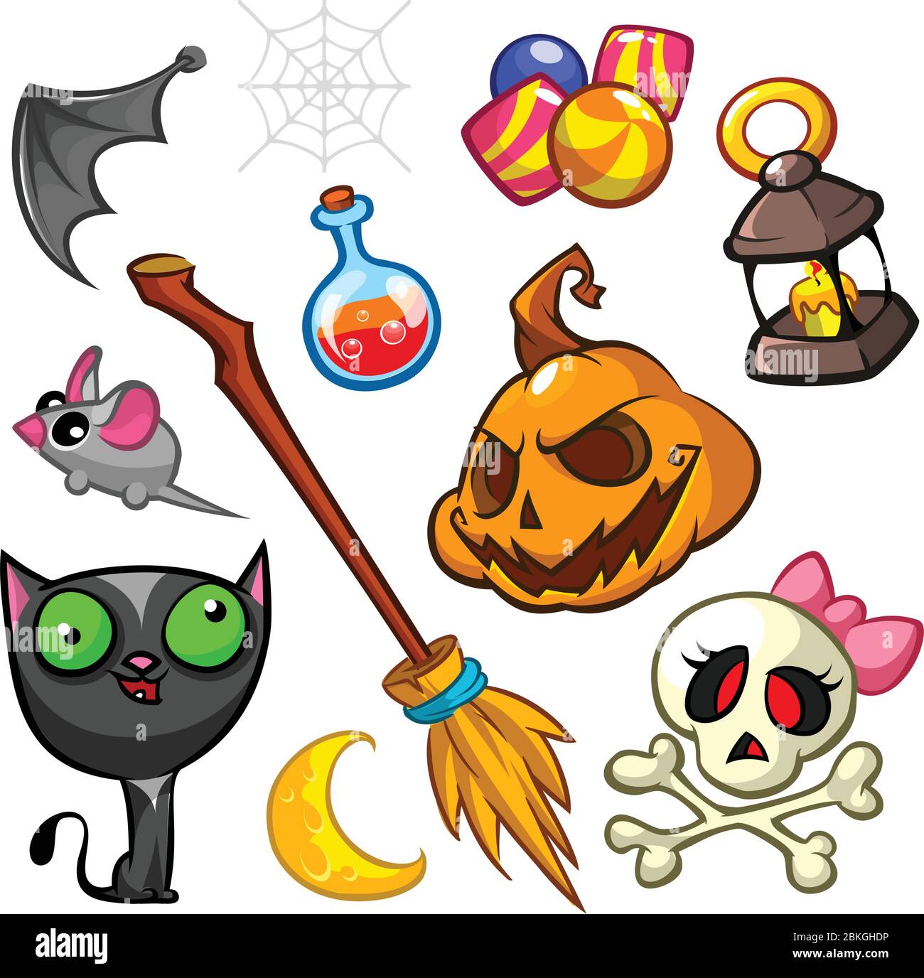 Jeu de symboles Halloween. Chat de sorcière, citrouille, tablier de grim, bâton de broomstick et bonbons. Illustration vectorielle Illustration de Vecteur