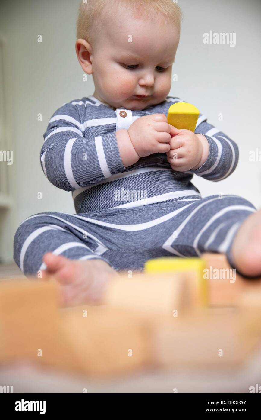 Un petit garçon mignon jouant avec des blocs de bois. Apprentissage et développement du bébé Banque D'Images