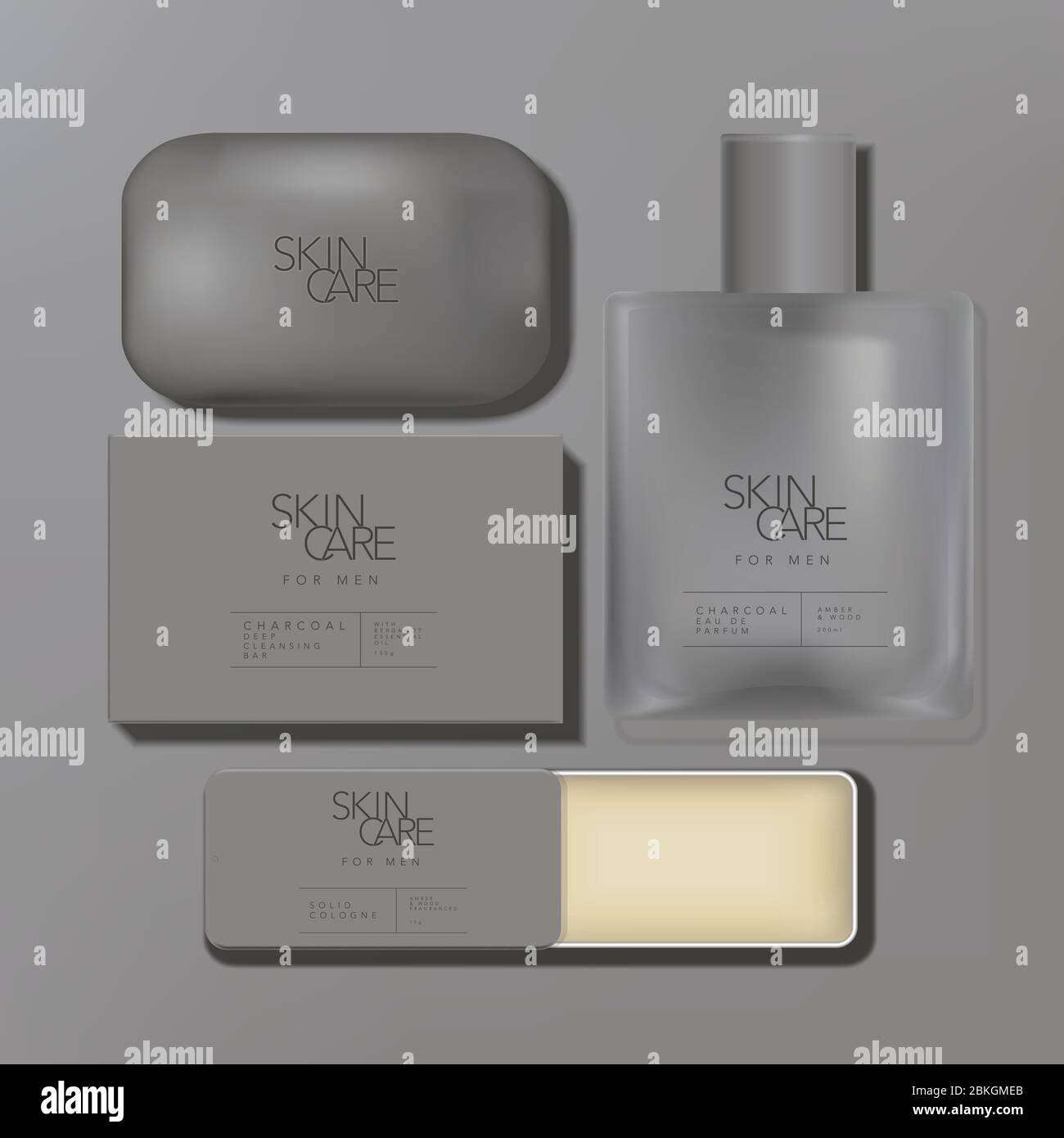 Kit de soins Vector minimal pour homme avec savon en charbon, flacon de parfum et boîte en boîte de Cologne solide Illustration de Vecteur