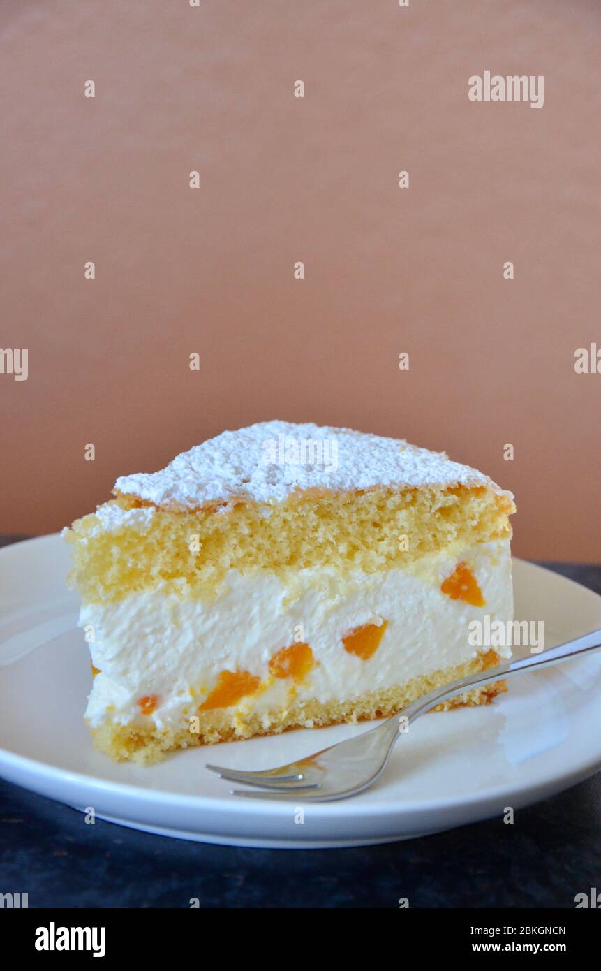 Gateau Au Fromage A La Creme Maison Avec Morceaux De Mandarines Sucre En Poudre Sur Le Dessus Pate A Gateau De Savoie Specialite Allemande Et Autrichienne Gateau De Mariage Banniere Photo Stock