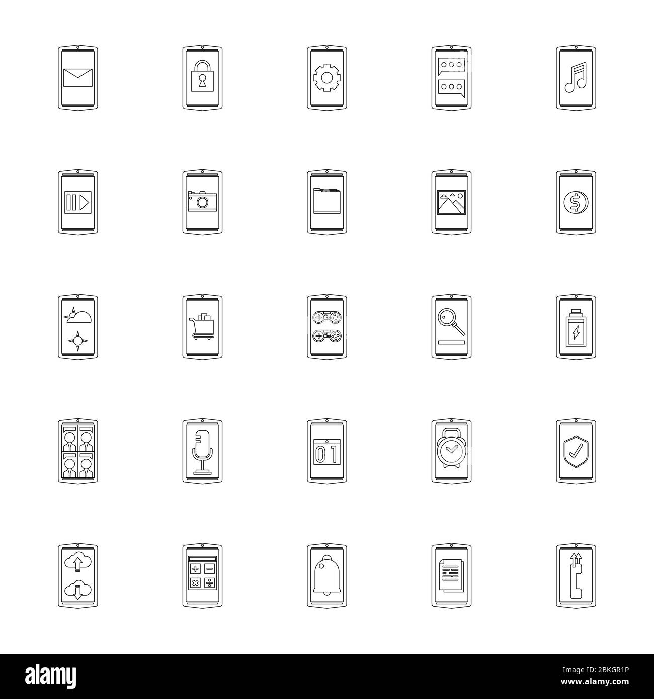 25 ensemble d'icônes de contour d'application pour smartphone. Concept moderne téléphone portable technologie icône conception. Illustration de Vecteur