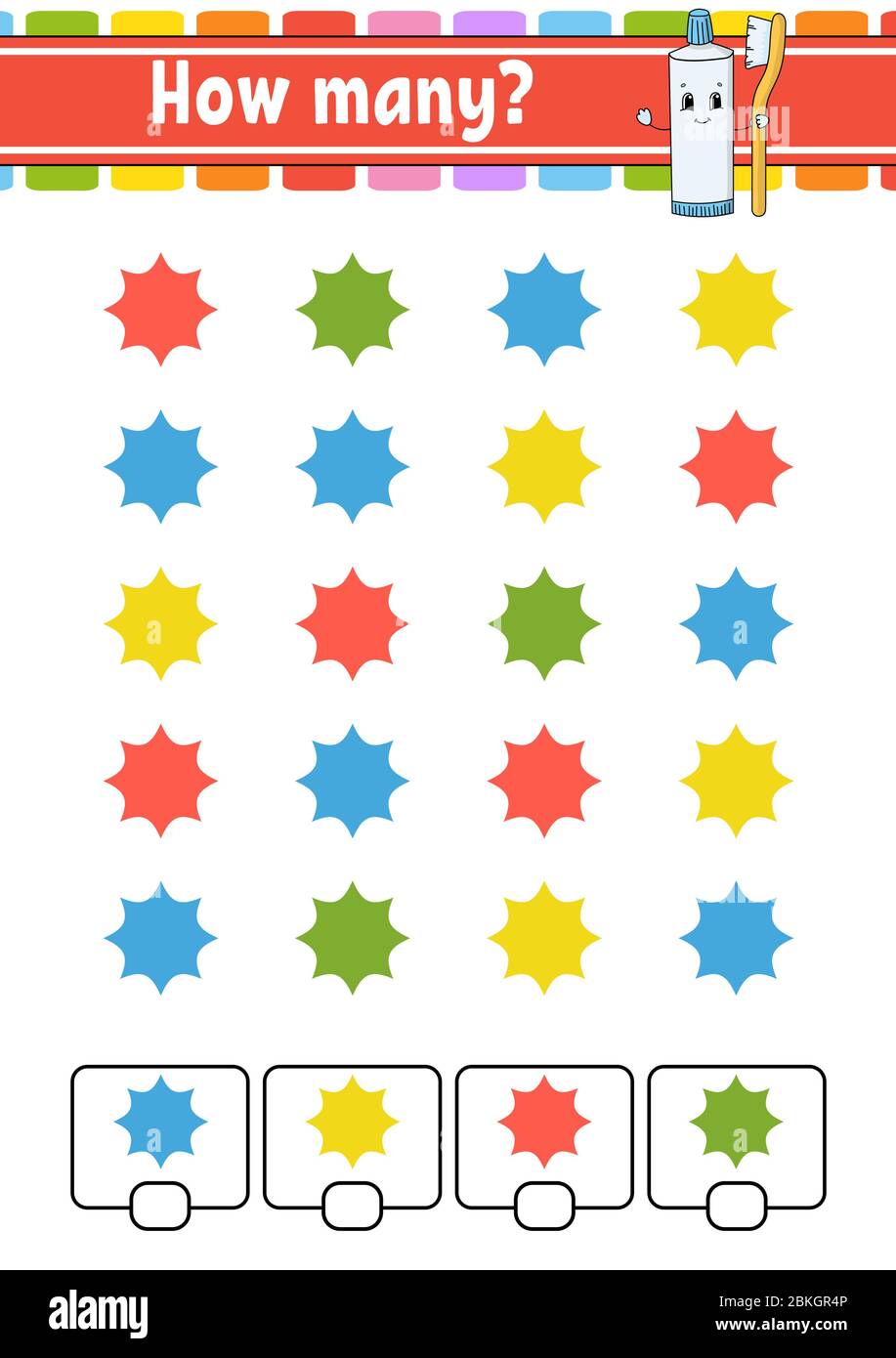 Jeu de comptage pour enfants. Caractères heureux. Apprentissage des mathématiques. Combien d'objets dans l'image. Feuille de travail de formation. Avec espace pour les réponses. Isola Illustration de Vecteur