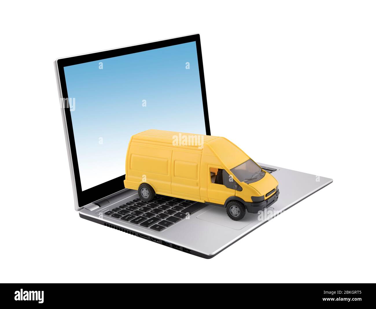 Camion de livraison de fret jaune sur ordinateur portable isolé sur fond blanc Banque D'Images