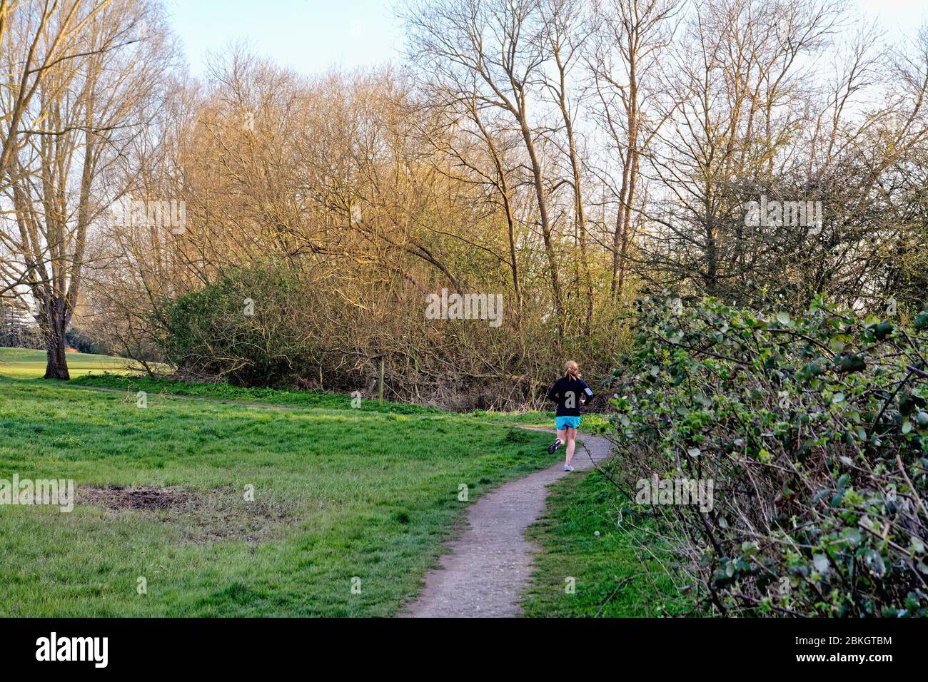 Vue arrière d'une coureuse qui s'exerce sur un sentier dans la campagne de Shepperton Surrey au Royaume-Uni Banque D'Images