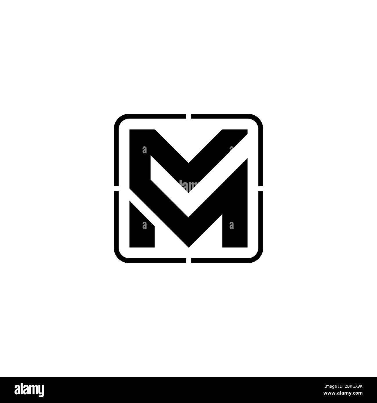 Modèle de logo graphique lettre M initial, avec coche sur le concept de design d'espace négatif, isolé sur fond blanc. Illustration de Vecteur
