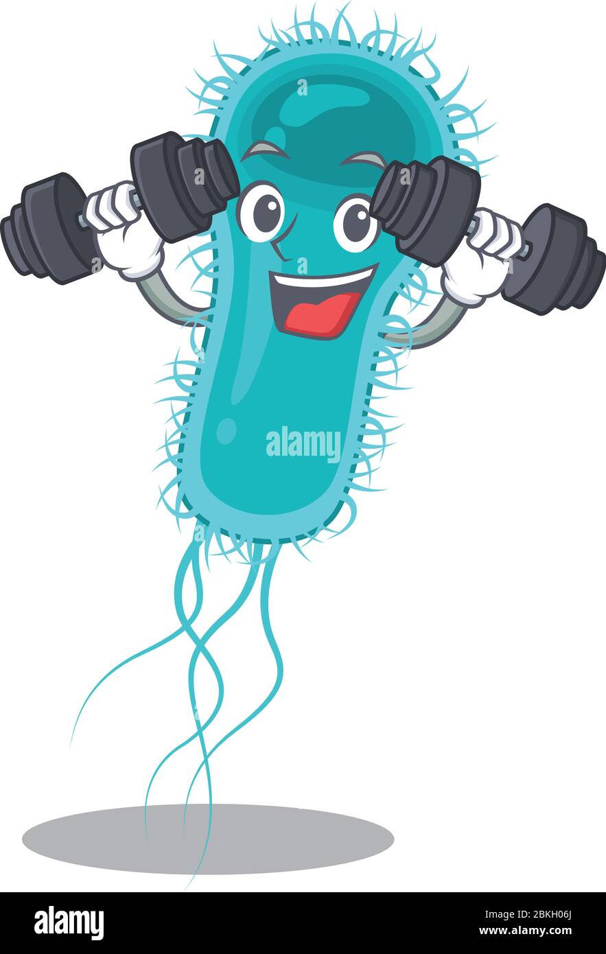 La conception mascotte de l'exercice physique souriant escherichia coli bactéries soulever des barbells Illustration de Vecteur
