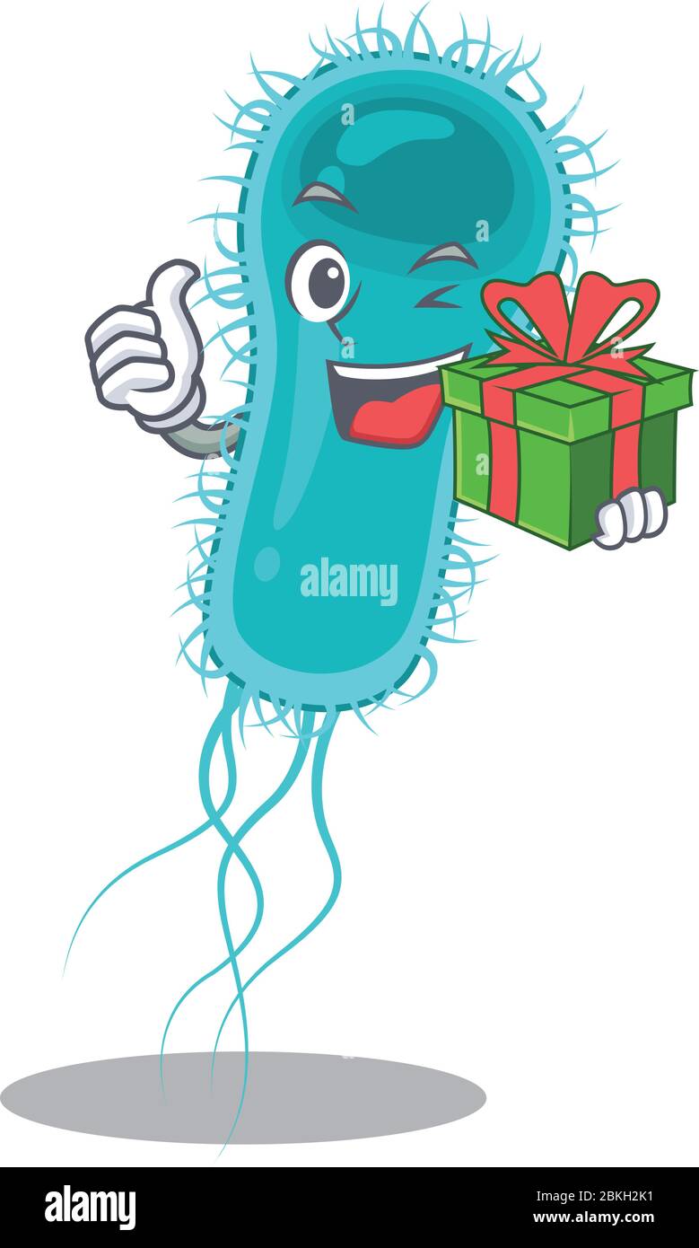 Le personnage de dessin animé des bactéries Escherichia coli souriant possède une boîte cadeau verte Illustration de Vecteur
