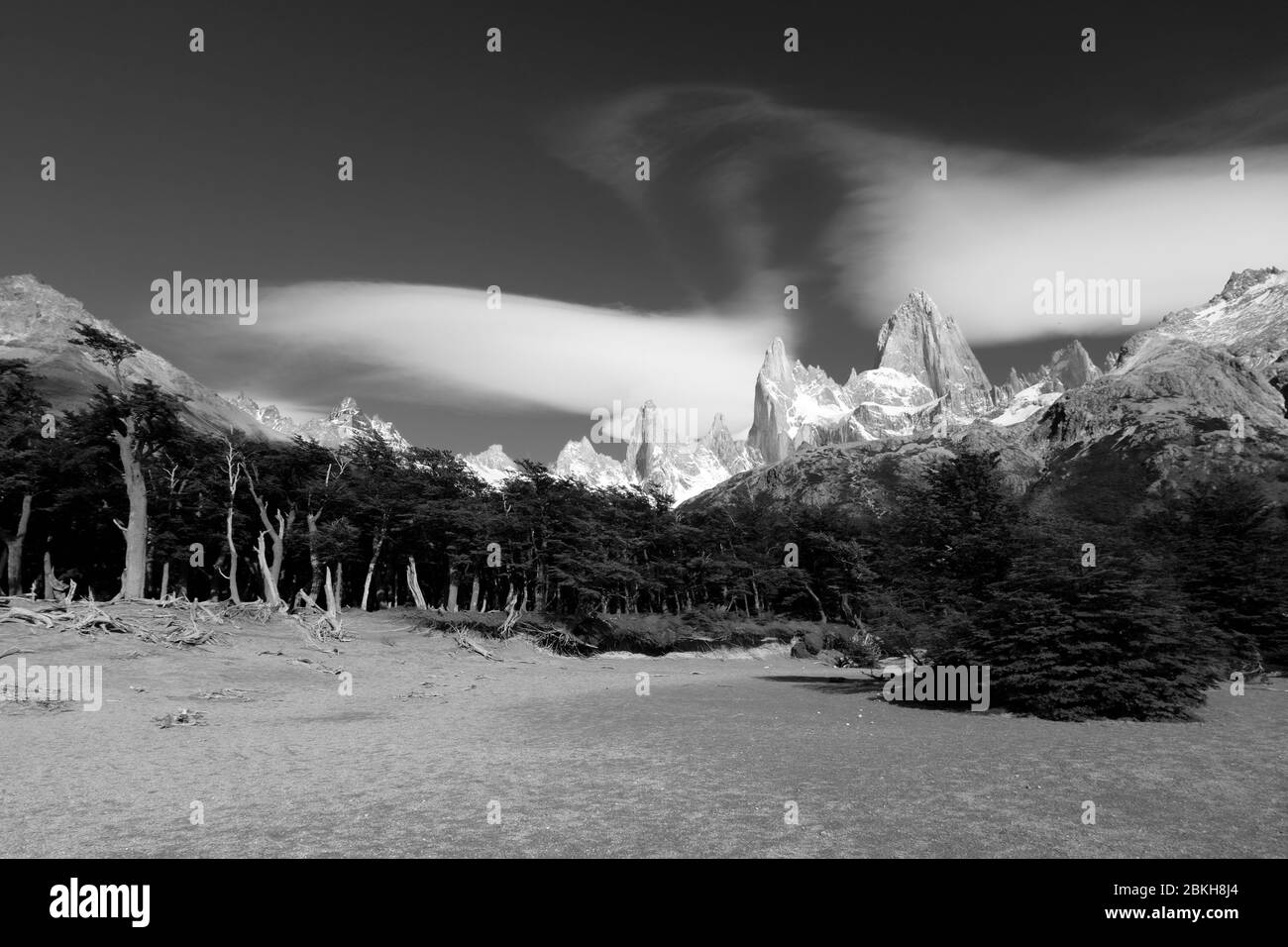 Image du Mont Fitz Roy dans une image noire et en withe, Patagonie, Argentine Banque D'Images
