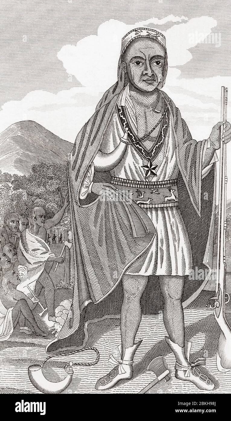 Metacom, 1638 – 1676, également connu sous le nom de Metacomet ou par son nom anglais adopté, le roi Philippe. Il était le chef du Wampanoag, une confédération de plusieurs tribus de la Nouvelle-Angleterre. Dans ce qui est devenu connu sous le nom de guerre du roi Philippe, il a dirigé une alliance contre les colonialistes que Philip et son peuple ont considéré comme une utilisation abusive et la destruction des ressources naturelles. Après une gravure du XVIIIe siècle par Paul Revere. Banque D'Images