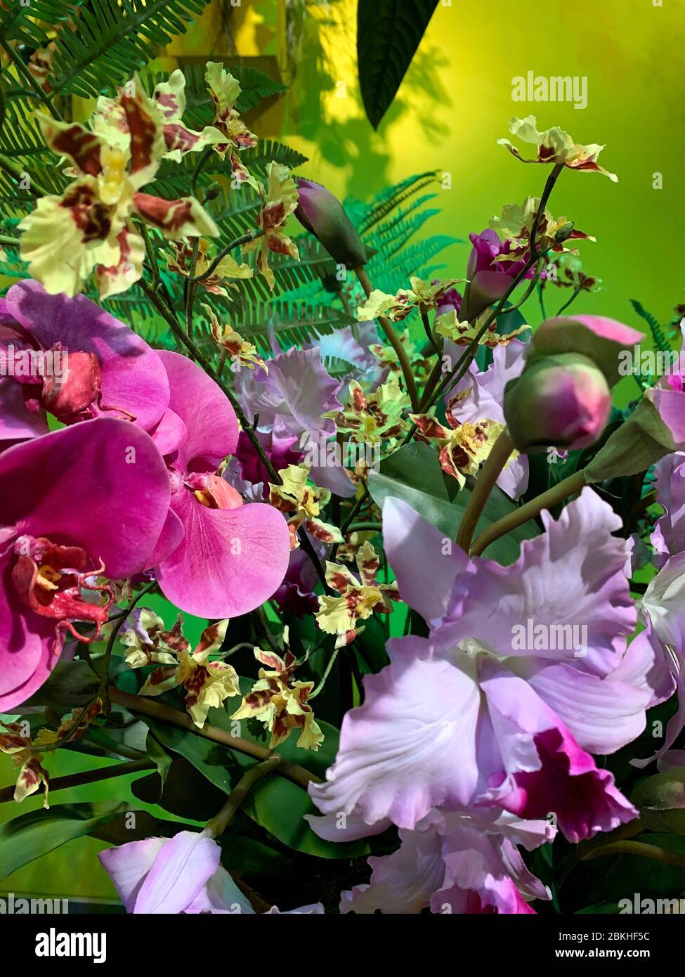 Vue rapprochée de fausses fleurs artificielles et de l'arrangement de plantes. Banque D'Images