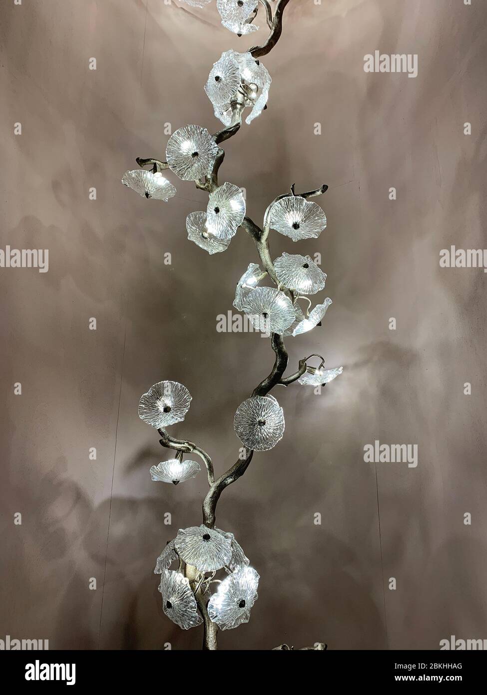 Vue rapprochée de l'éclairage en verre en forme de fleur sur une branche. Banque D'Images