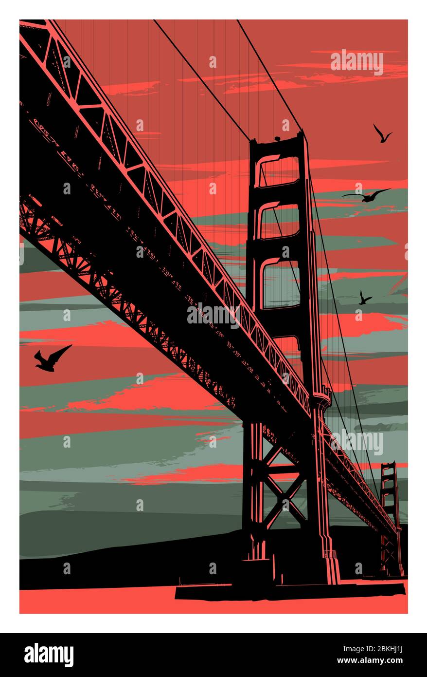 Golden Gate Bridge au coucher du soleil, San Francisco, USA - illustration vectorielle (idéale pour l'impression sur tissu ou papier, affiche ou papier peint, décoration de maison) Illustration de Vecteur