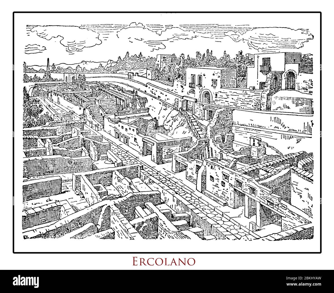 Tableau illustré d'un lexique italien vintage d'Ercolano (Herculaneom) détruit par l'éruption du Vésuve en 79 DC, ancien site archéologique romain près de Naples et de Pompéi Banque D'Images