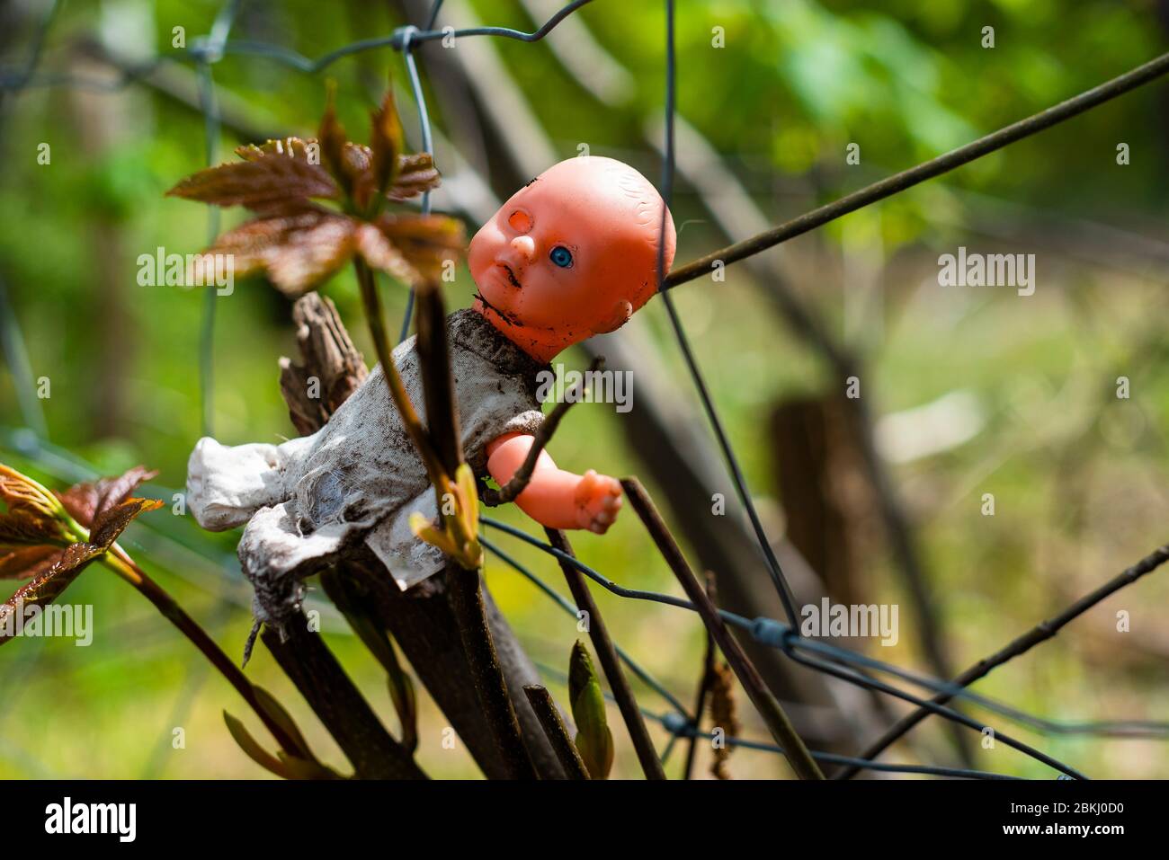 Une vieille poupée sale est suspendue sur une clôture, poupée bébé avec  seulement un oeil, poupée créepy Photo Stock - Alamy