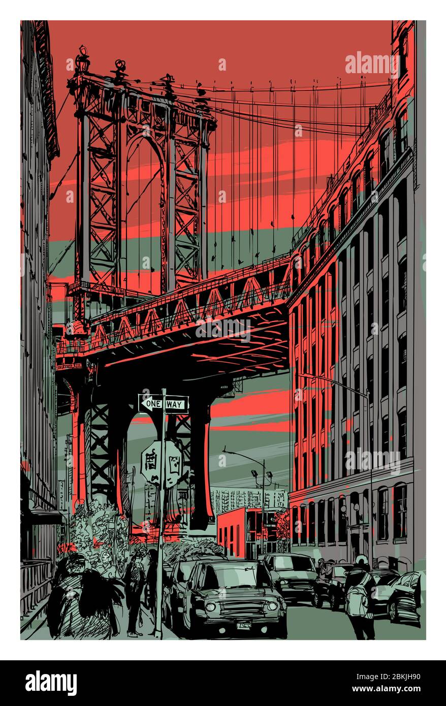 Vue sur le pont de Manhattan depuis brooklyn - illustration vectorielle (idéale pour l'impression sur tissu ou papier, affiche ou papier peint, décoration de maison) Illustration de Vecteur