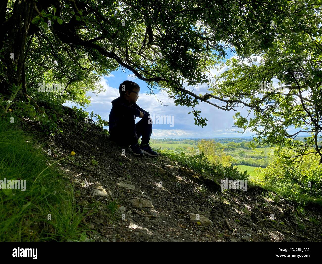 Un jeune garçon est assis tranquillement sous des arbres ombragés surplombant la campagne du Worcestershire seul avec ses pensées. Banque D'Images