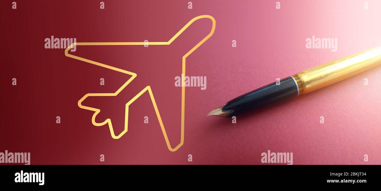 Silhouette dorée de l'avion et stylo vintage de luxe en plus. Concept de leadership et de démarrage d'entreprise Banque D'Images