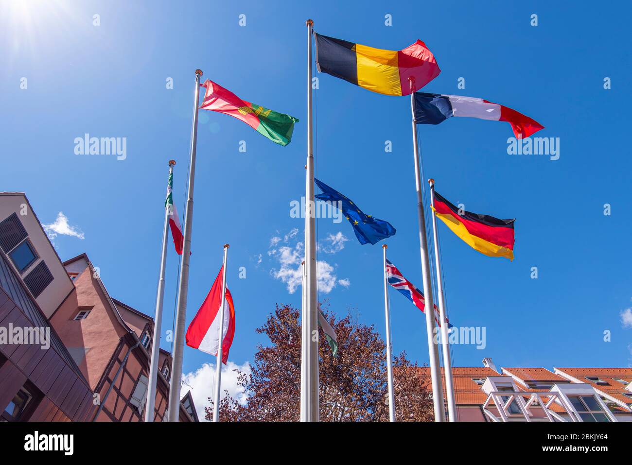 Drapeaux de l'UE, de la Grande-Bretagne, de la France, de l'Italie, de l'Allemagne, de la Belgique et d'autres pays sur les mâts de drapeaux à Strasbourg, en France Banque D'Images