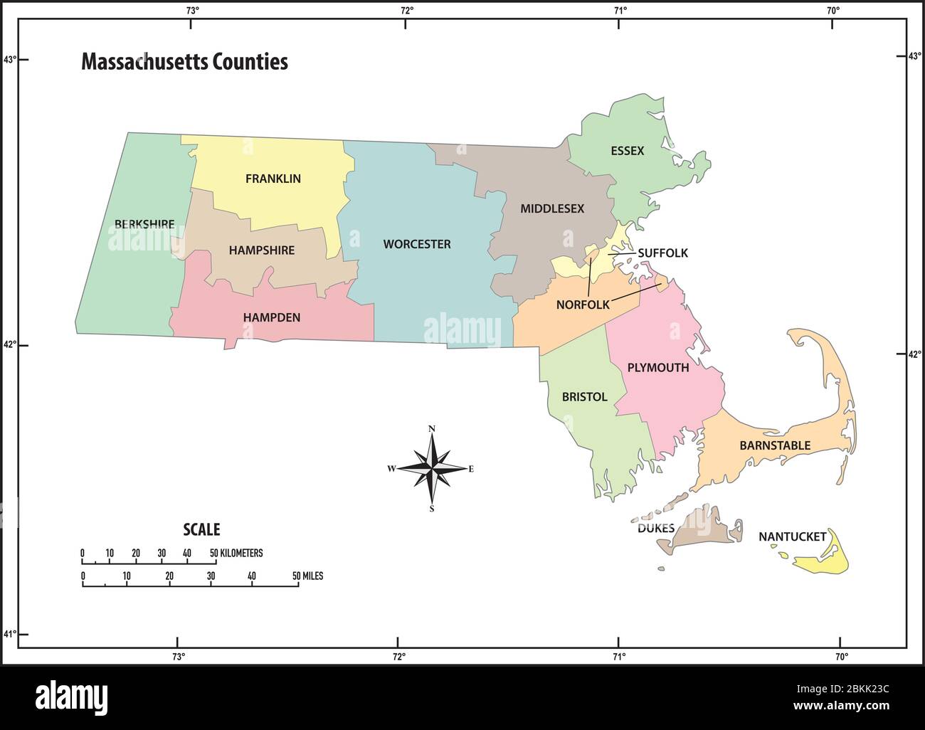 l'état du massachusetts présente en couleur la carte vectorielle administrative et politique Illustration de Vecteur