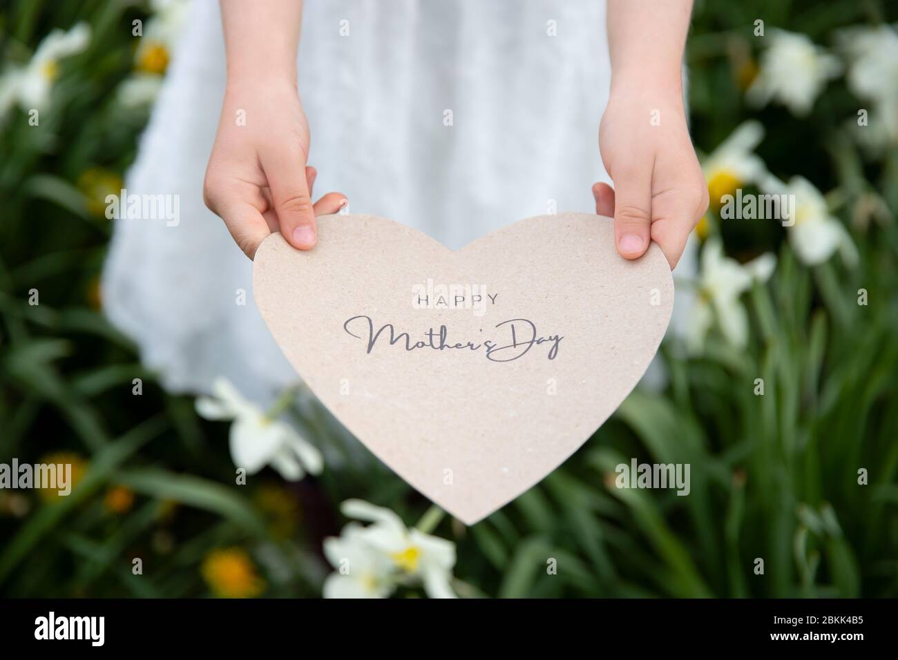 Joyeux fête des mères écrit sur une carte en forme de coeur tenue par une fille sur fond de fleurs et d'herbe Banque D'Images