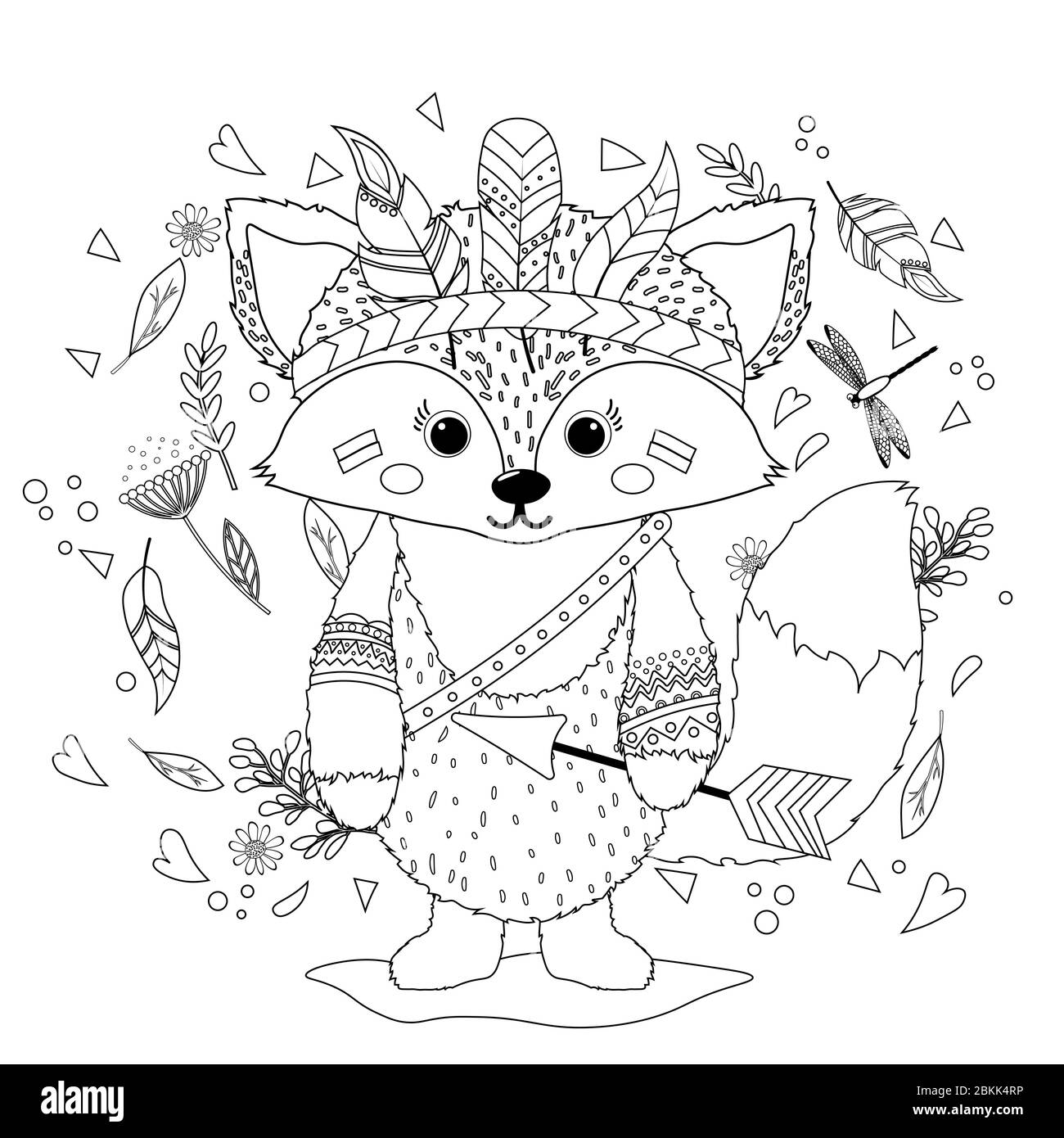 un renard cub dans un chapeau de guerre indien avec des plumes. Livre de coloriage pour enfants. Animal ethnique dessiné à la main pour colorier les pages, l'art thérapie, boho t-shirt patte Illustration de Vecteur