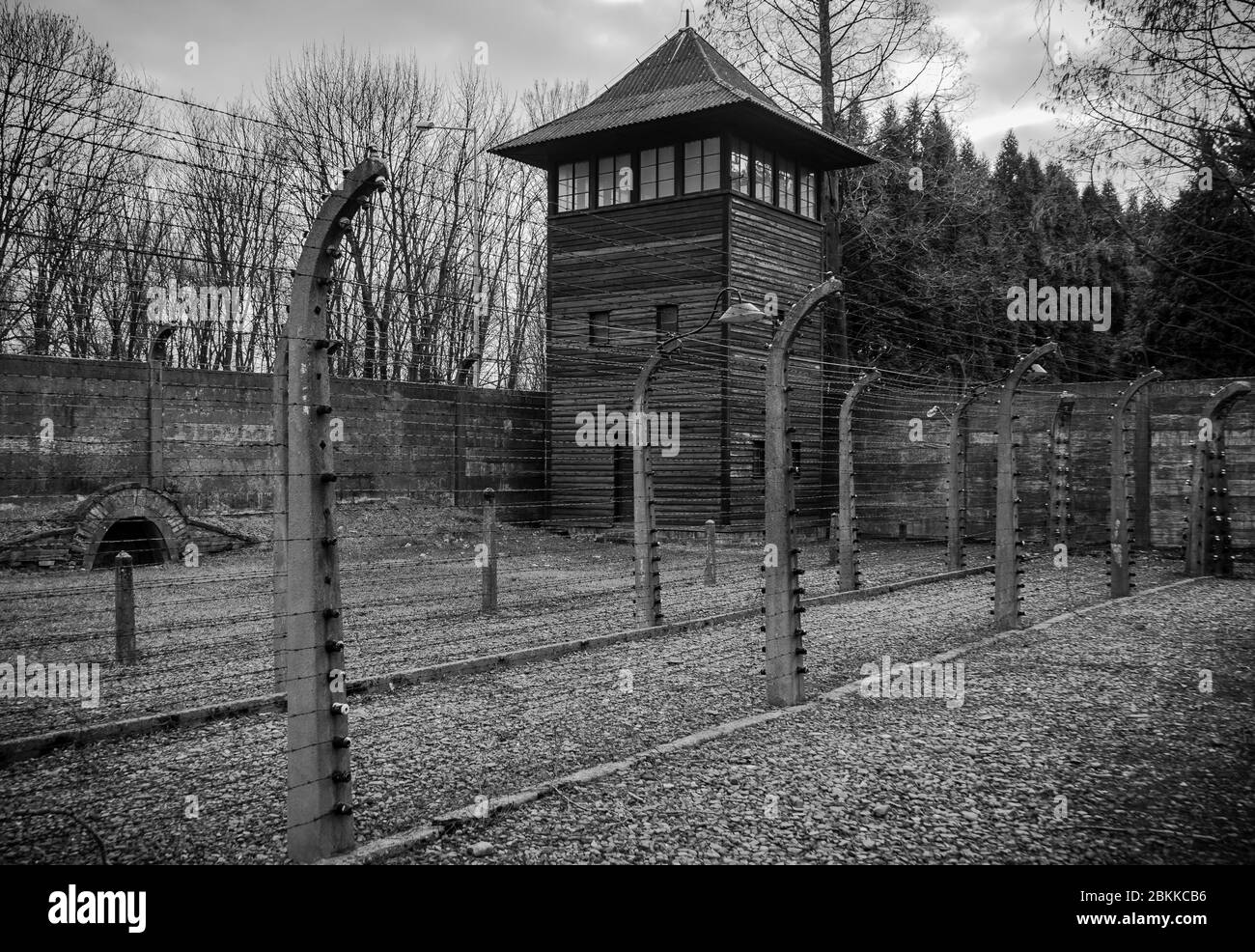 Auschwitz I, camp de concentration nazi, Tour de surveillance SS. Banque D'Images