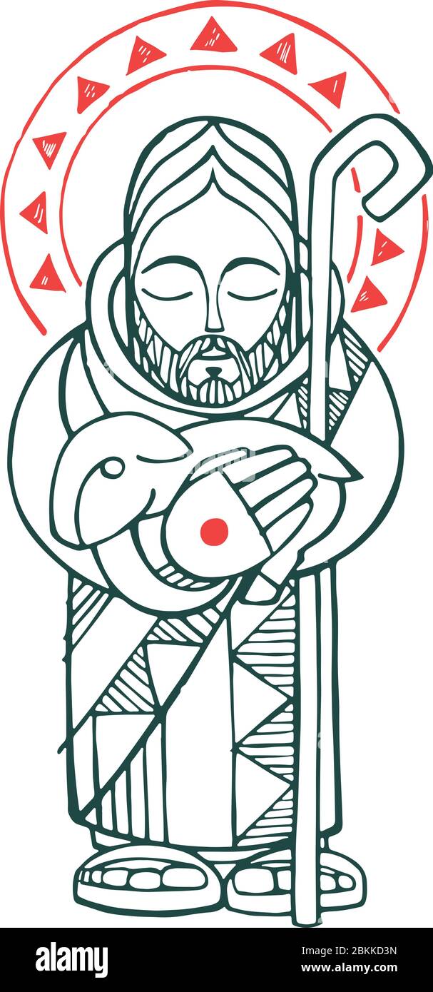 Illustration vectorielle numérique ou dessin de Jésus Christ bon berger avec des moutons Illustration de Vecteur