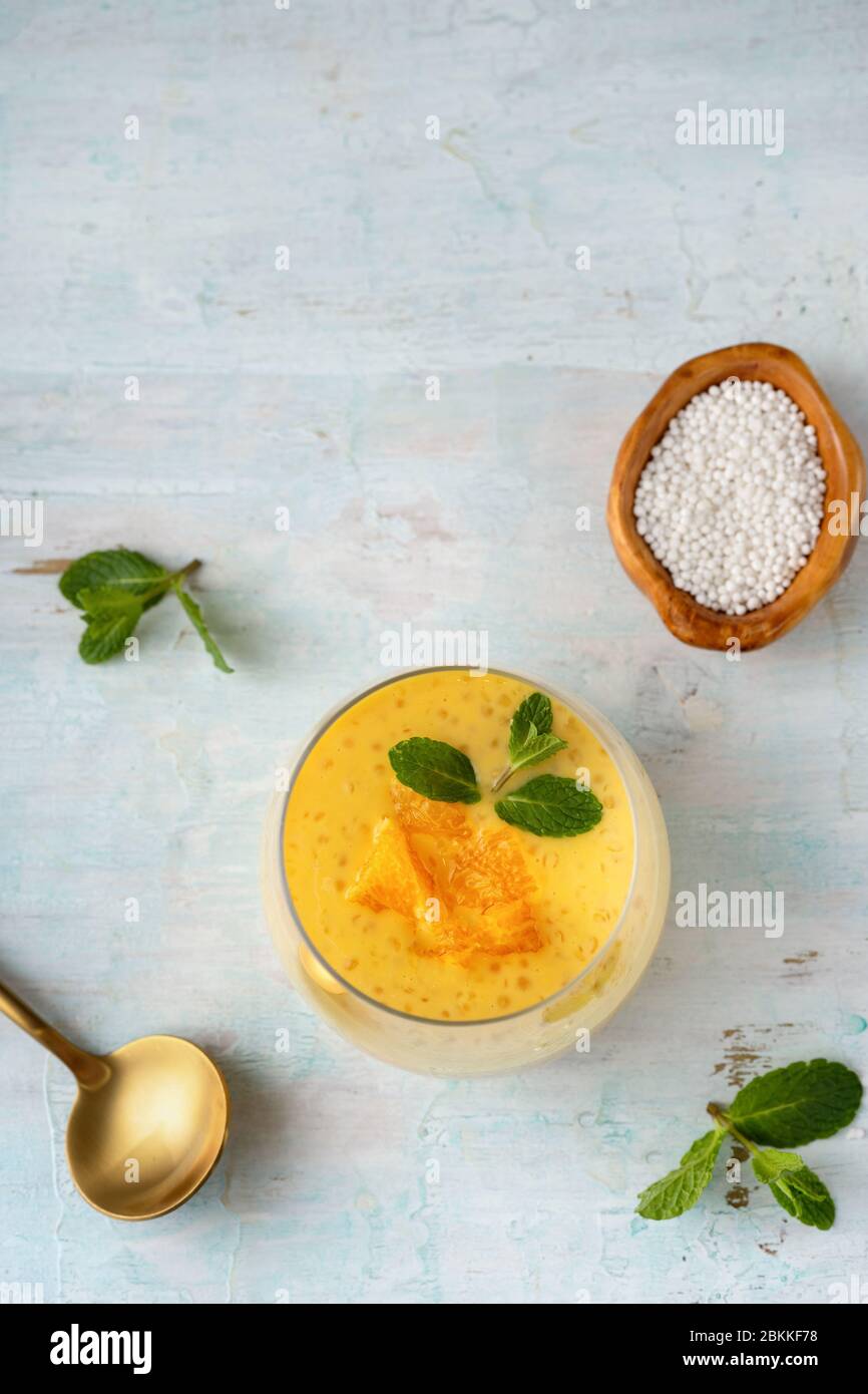 Plan vertical d'un verre avec pouding orange tapioca sur fond d'aqua menthe Banque D'Images