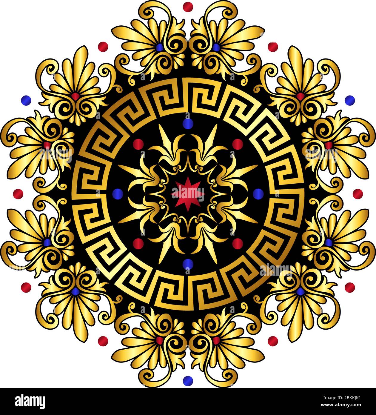 Décoration traditionnelle vintage or et rouge circulaire grecque et motif fleuri sur fond blanc Illustration de Vecteur