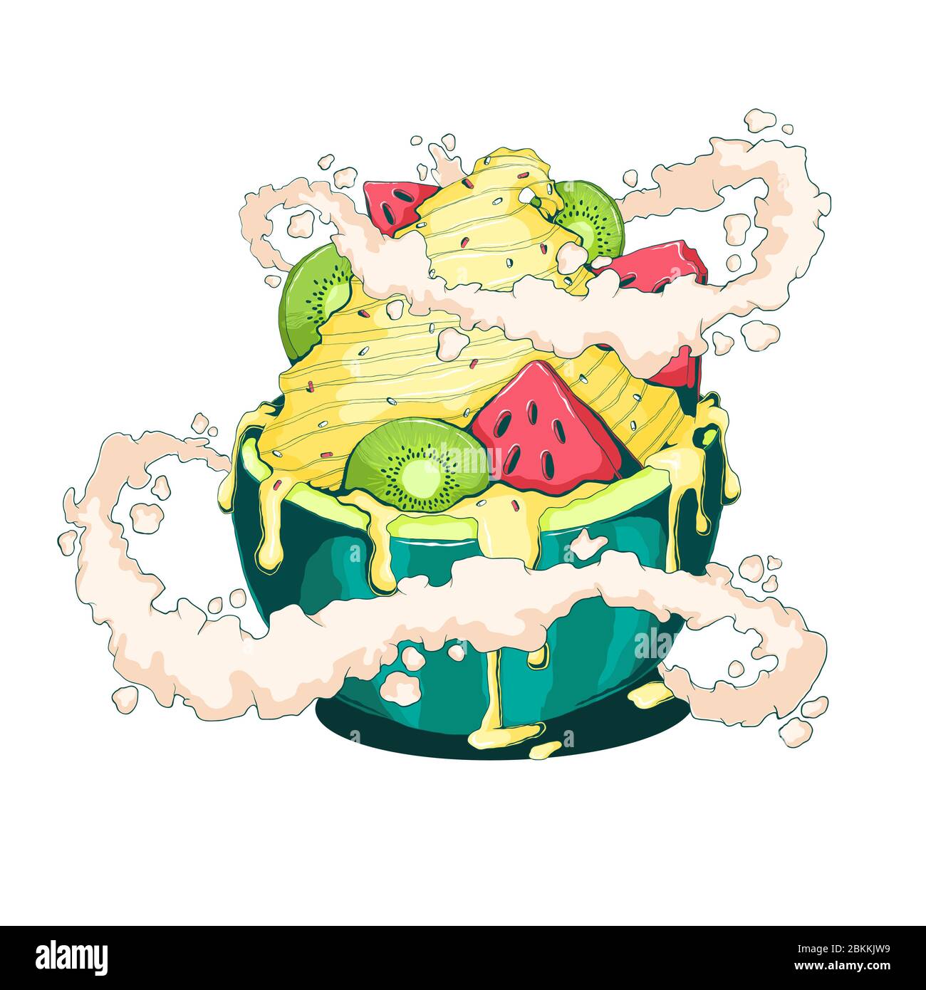 Glace à la vanille dessinée à la main avec kiwi et pastèque en tranches de pastèque avec crème au lait dans le style comix. Illustration vectorielle colorée de la crème glacée Illustration de Vecteur