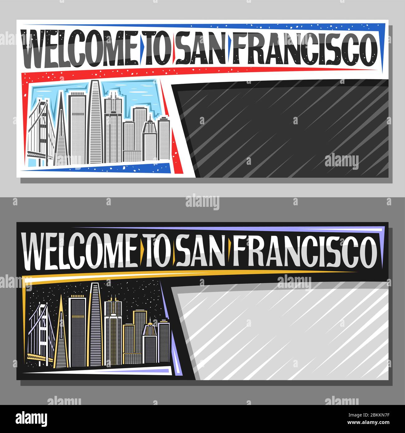 Mises en page vectorielles pour San Francisco avec espace de copie, bon d'échange avec illustration de la ville de san francisco sur fond de jour et de crépuscule, design à Illustration de Vecteur