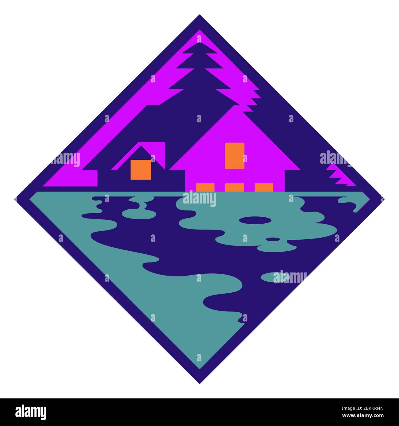 Maison vectorielle dans le logo bois. Cabine dans le logotype carré silhouette de forêt, Illustration de Vecteur