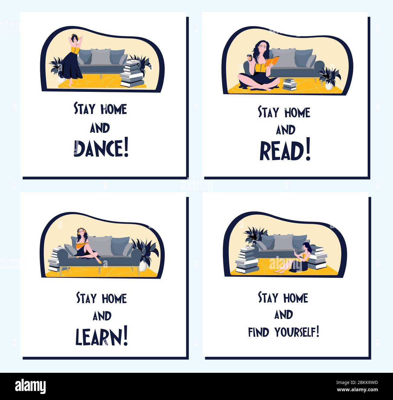 Restez à la maison. Le concept de quarantaine, d'auto-isolation. Jeu de cartes de vœux. Illustration de Vecteur