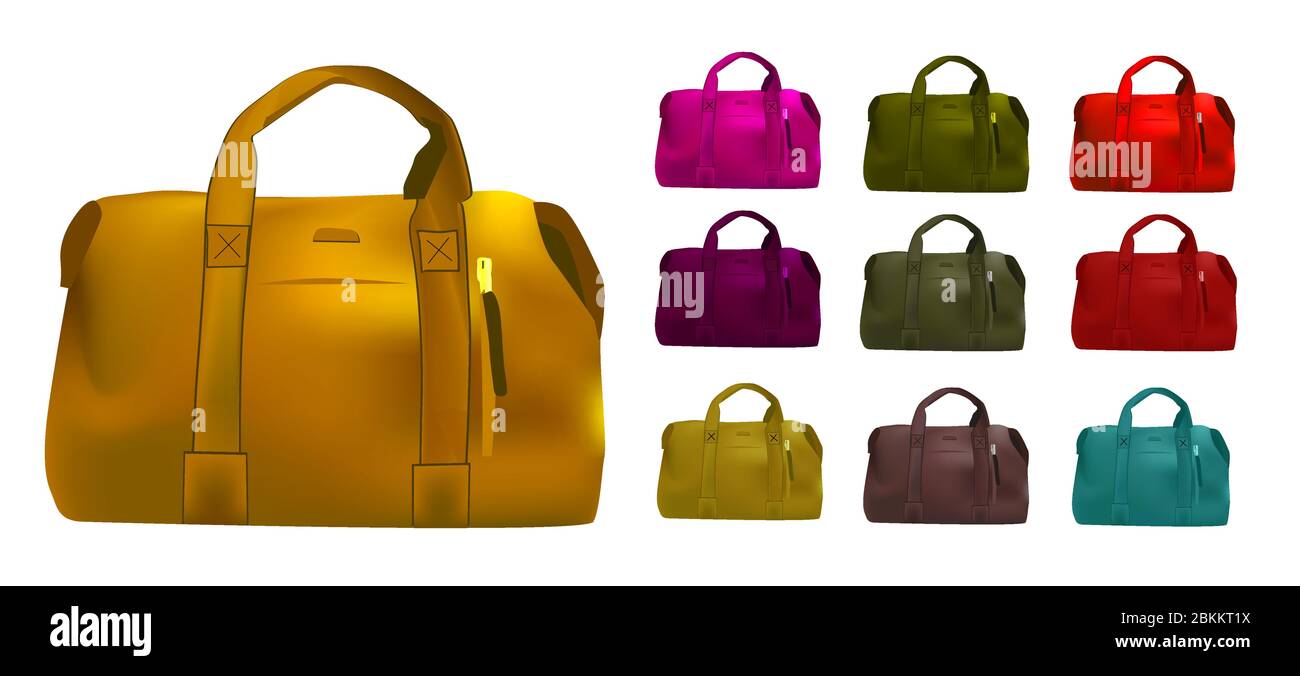 Grande collection de sacs de voyage. Sac en cuir isolé sur fond blanc. Bagages. DÉPLACEMENT. ACCESSOIRES. Illustration de Vecteur