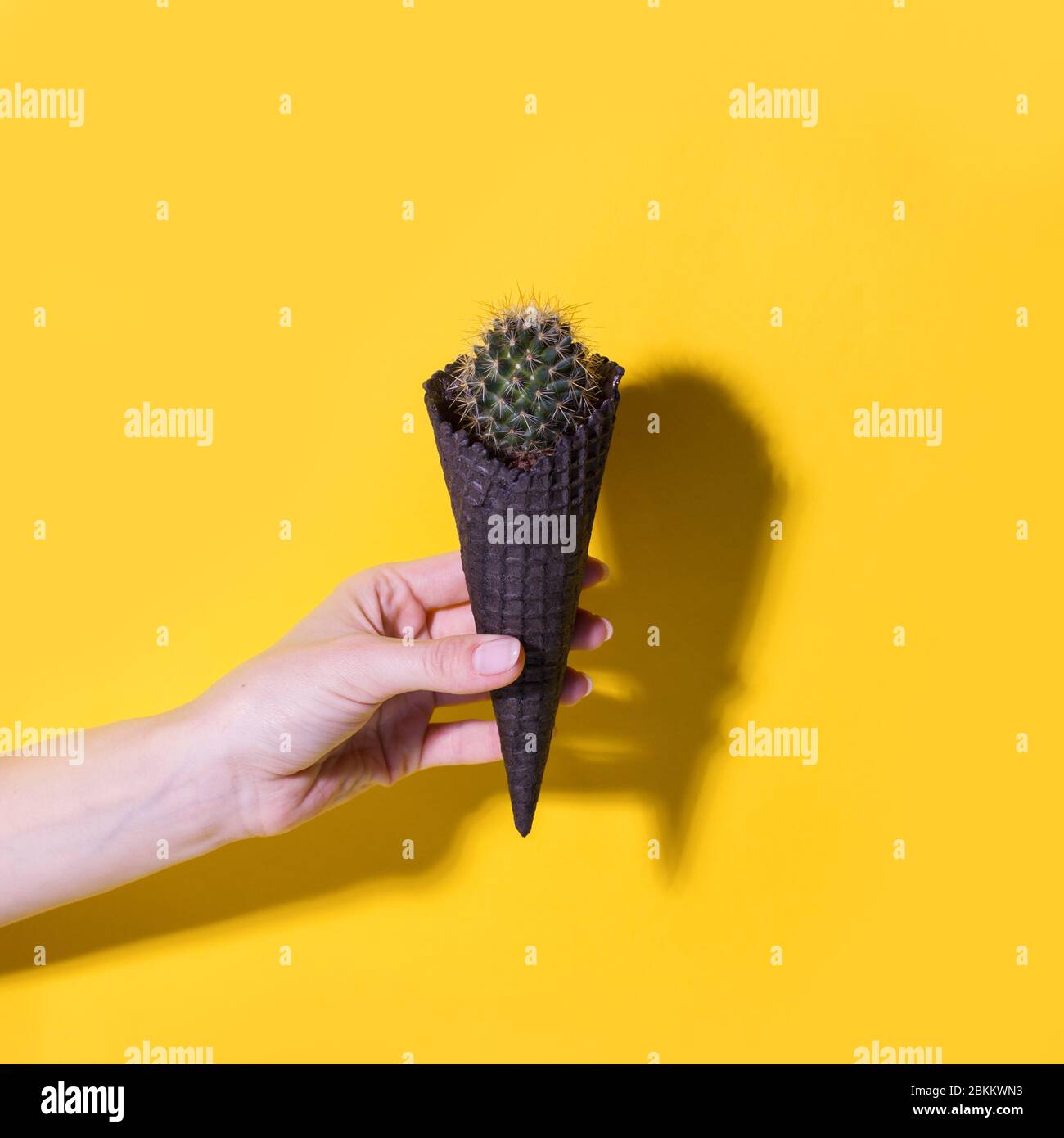 Collage d'art contemporain. Concept Cactus glace sur fond jaune vif. Bannière de saison estivale minimale, espace de copie, dépilate cheveux enlever creativ Banque D'Images